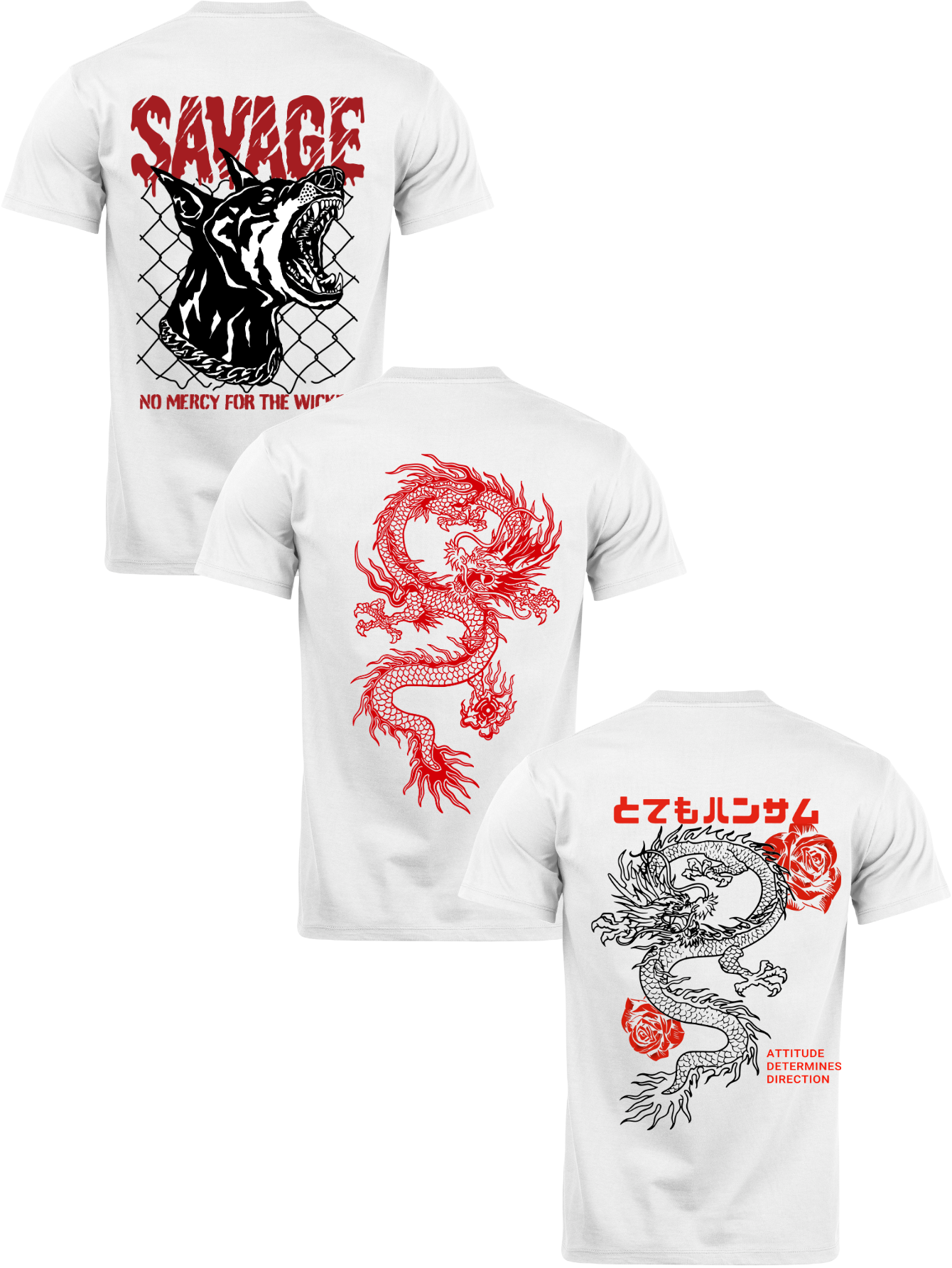 Kit Camiseta 3 Unidades (Savage Dog - Red Dragon - Rose Dragon) ESTAMPAS COSTAS