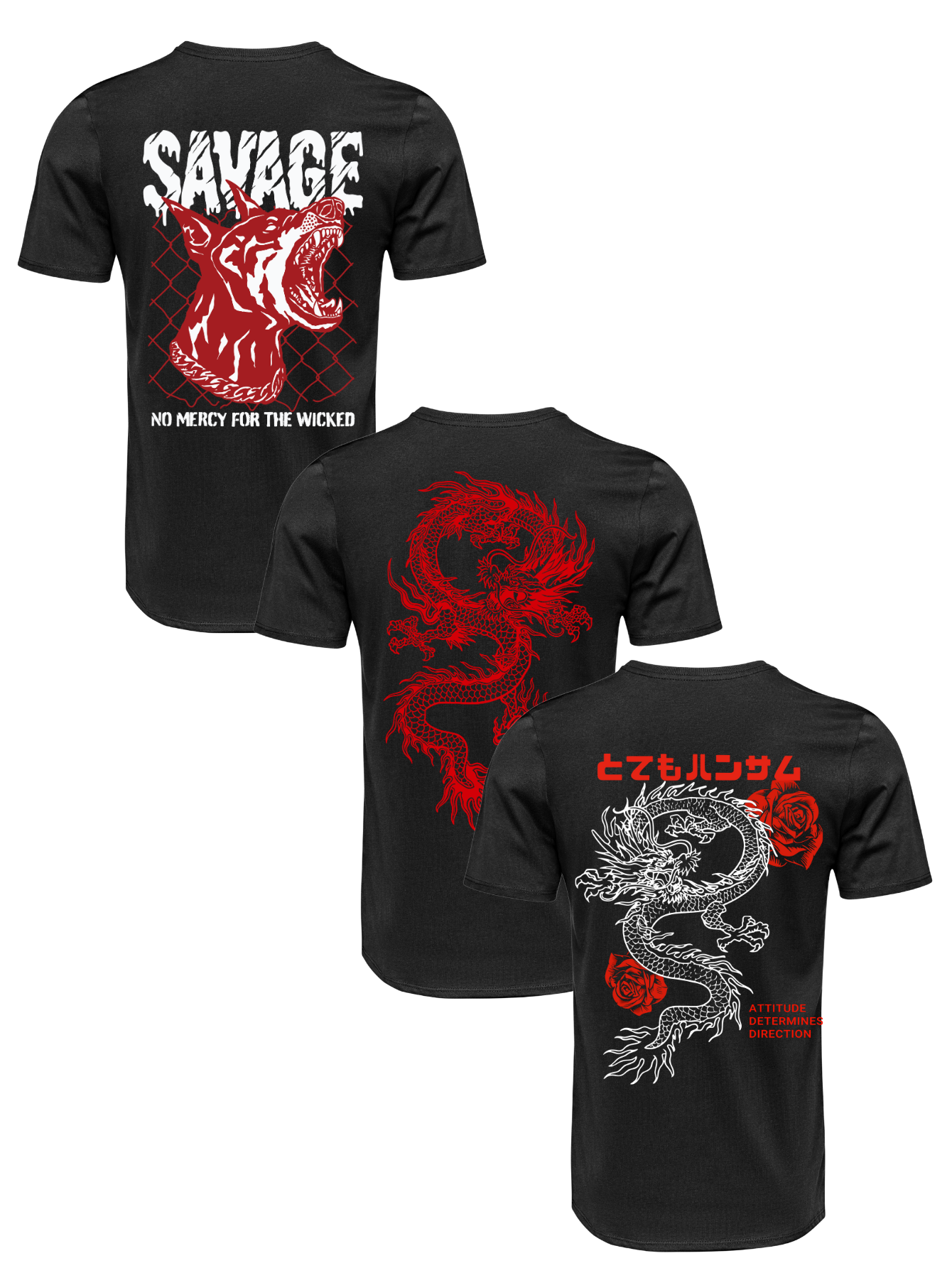 Kit Camiseta 3 Unidades (Savage Dog - Red Dragon - Rose Dragon) ESTAMPAS COSTAS