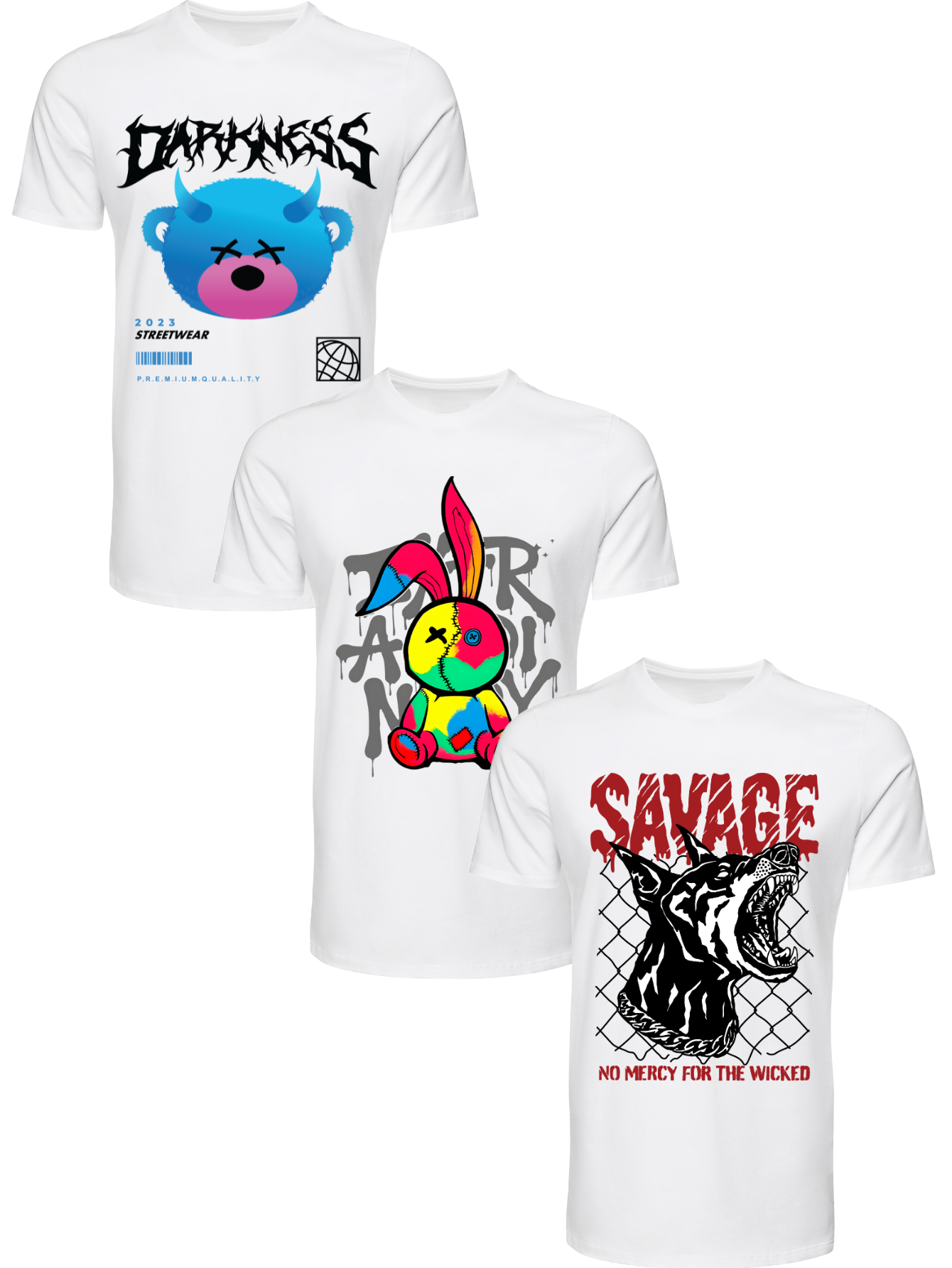 Kit Camiseta 3 Unidades (Darkness Bear - Color Rabit - Savage Dog) ESTAMPAS FRENTE