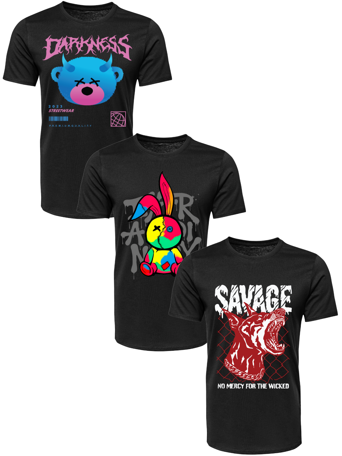 Kit Camiseta 3 Unidades (Darkness Bear - Color Rabit - Savage Dog) ESTAMPAS FRENTE