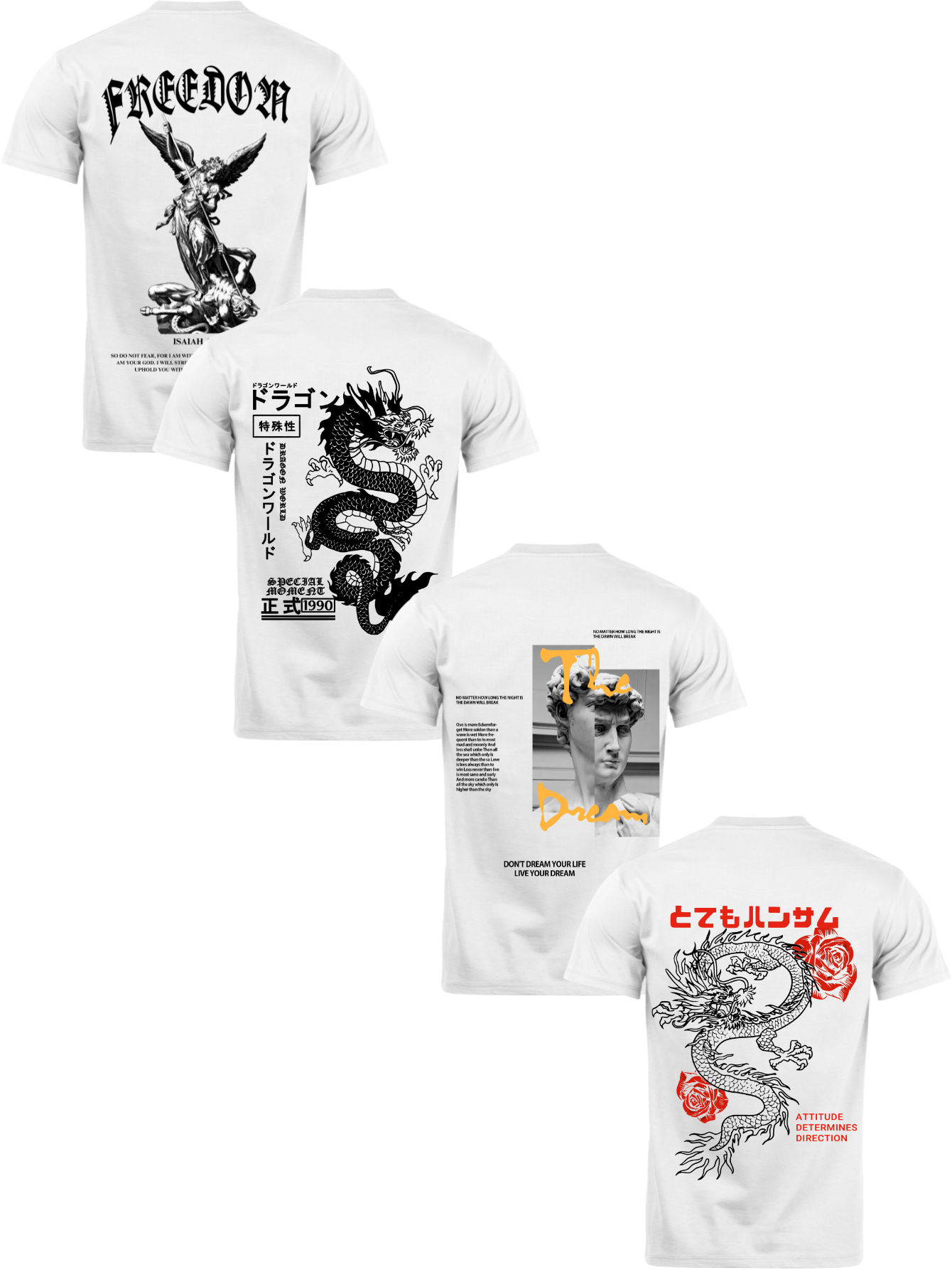 Kit Camiseta 4 Unidades Branca e Preta (Freedom Angel - Dragon's Legacy - Sculpture Street - Rose Dragon) ESTAMPA COSTAS