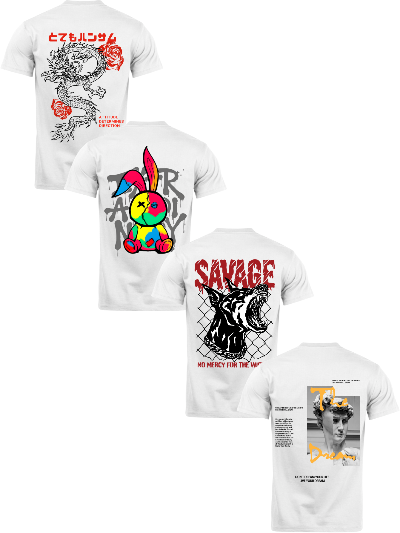 Kit Camiseta 4 Unidades Branca e Preta (Rose Dragon - Color Rabit - Savage Dog - Sculpture Street) ESTAMPA COSTAS