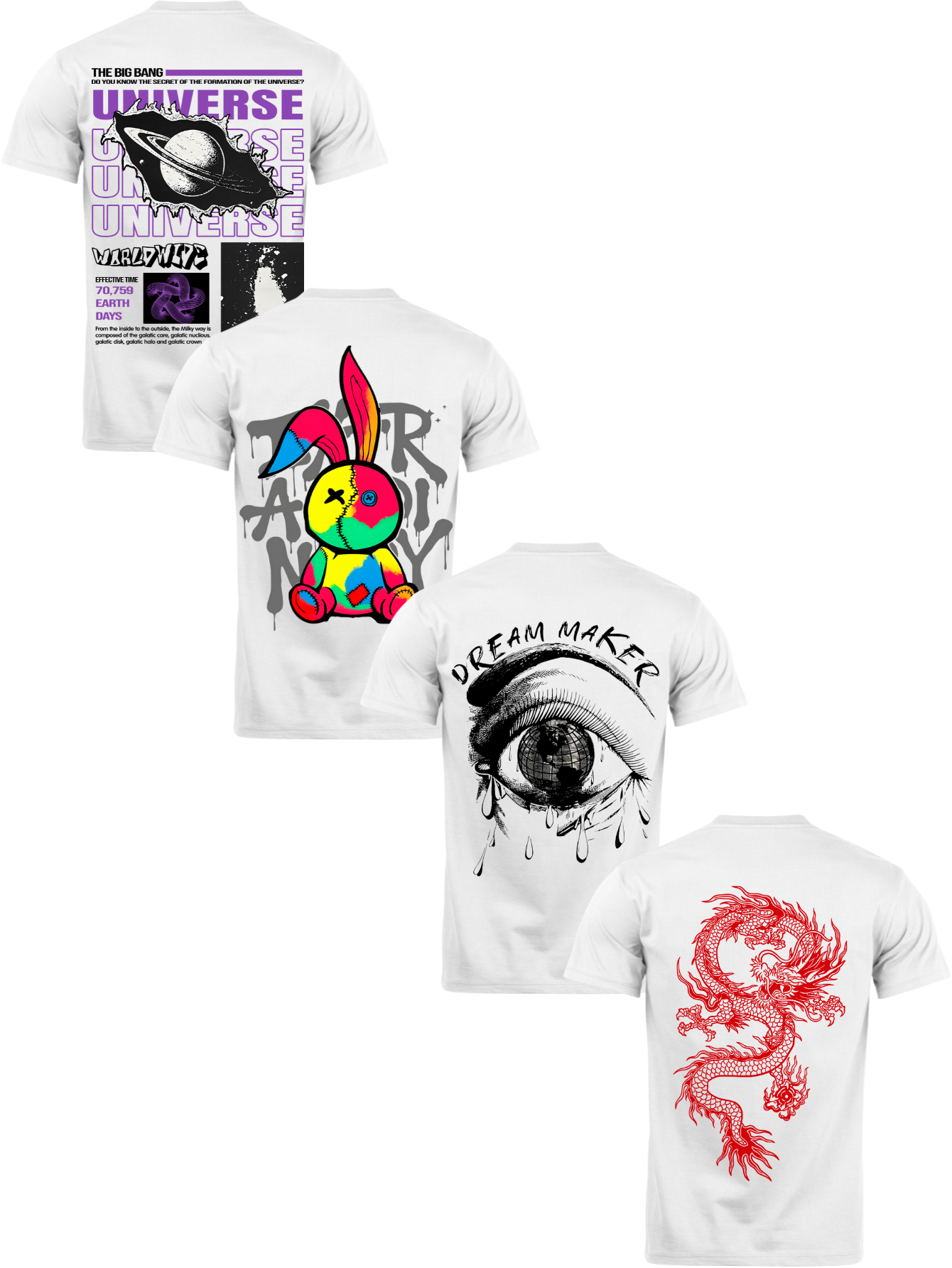 Kit Camiseta 4 Unidades Branca e Preta (Universe Down - Color Rabit - Dream Maker - Red Dragon) ESTAMPA COSTAS