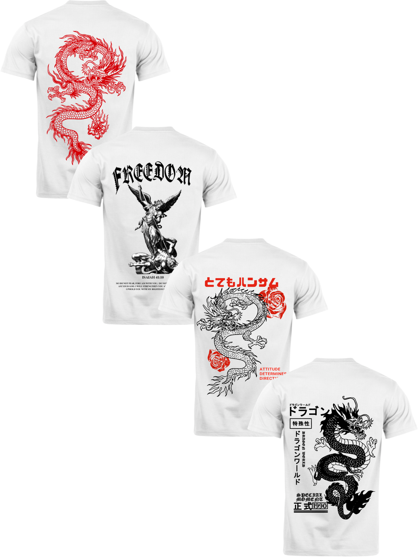 Kit Camiseta 4 Unidades Branca e Preta (Red Dragon - Freedom Angel - Rose Dragon - Dragons Legacy) ESTAMPA COSTAS