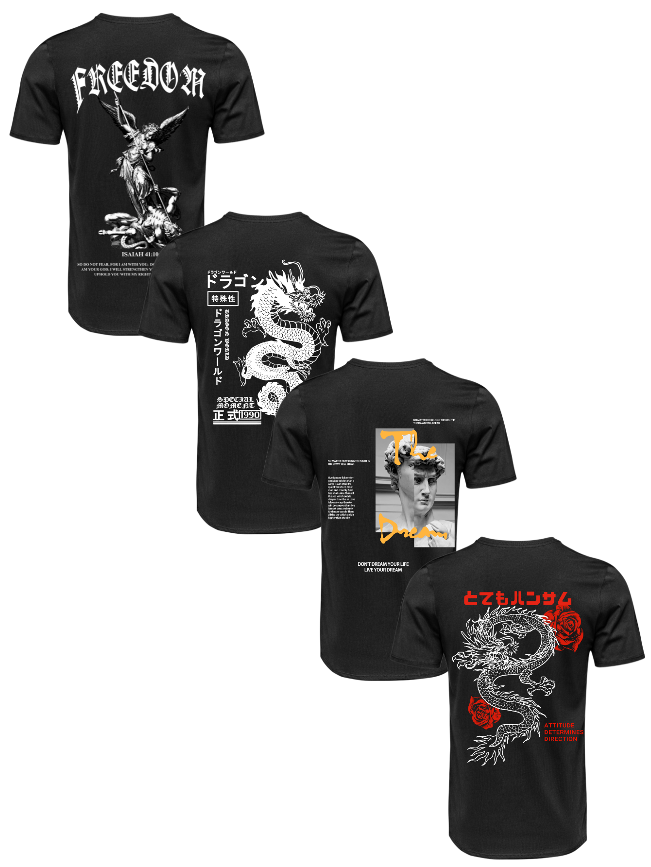 Kit Camiseta 4 Unidades Branca e Preta (Freedom Angel - Dragon's Legacy - Sculpture Street - Rose Dragon) ESTAMPA COSTAS