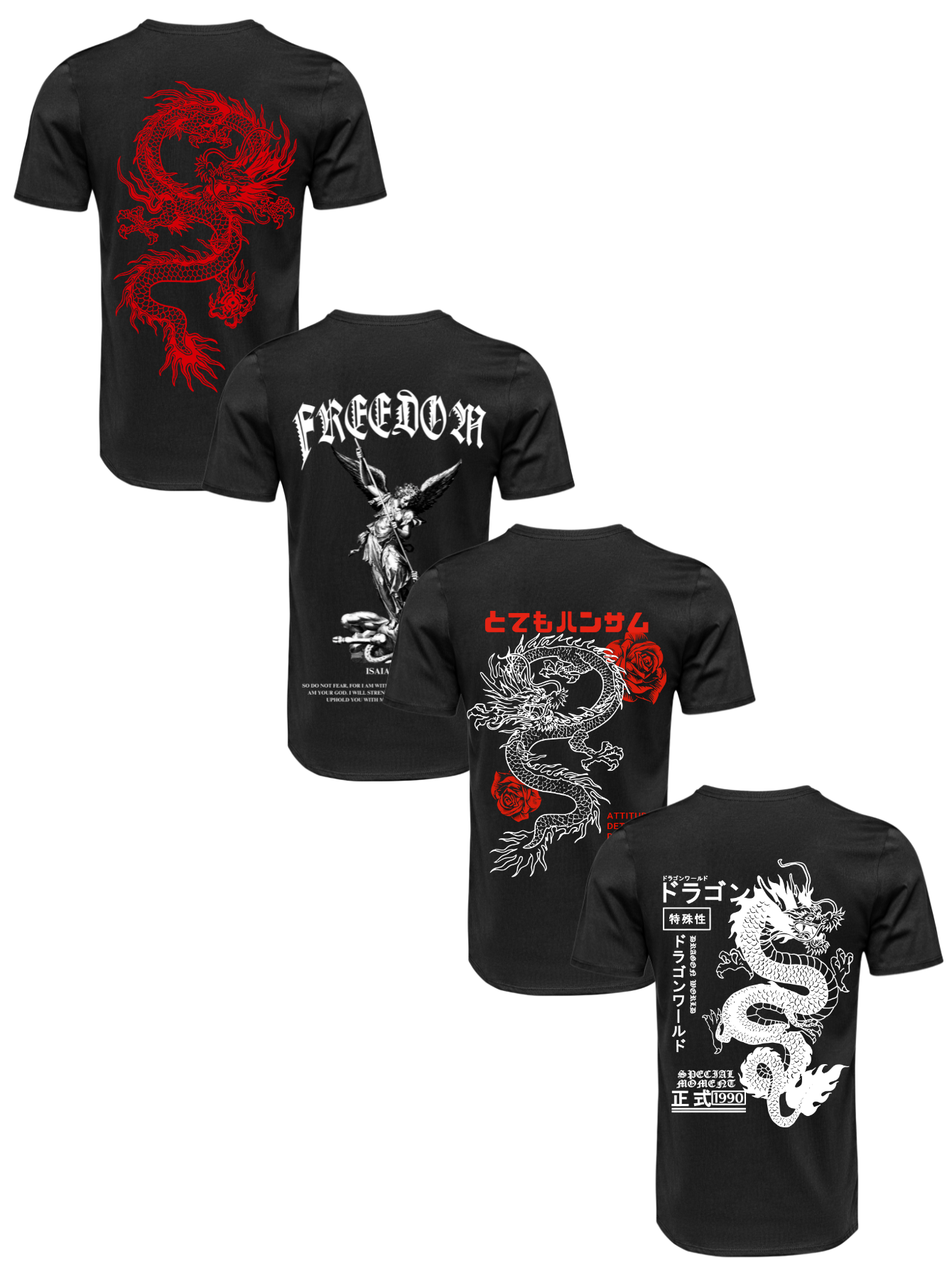 Kit Camiseta 4 Unidades Branca e Preta (Red Dragon - Freedom Angel - Rose Dragon - Dragons Legacy) ESTAMPA COSTAS