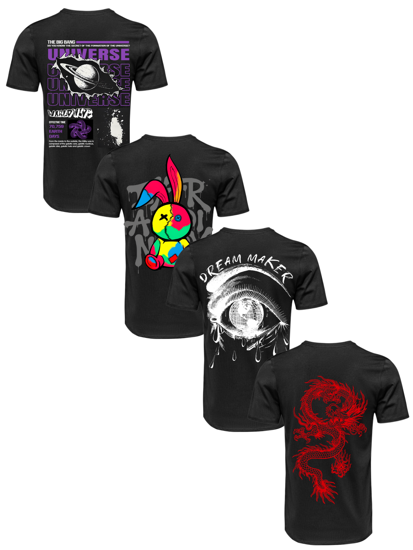 Kit Camiseta 4 Unidades Branca e Preta (Universe Down - Color Rabit - Dream Maker - Red Dragon) ESTAMPA COSTAS