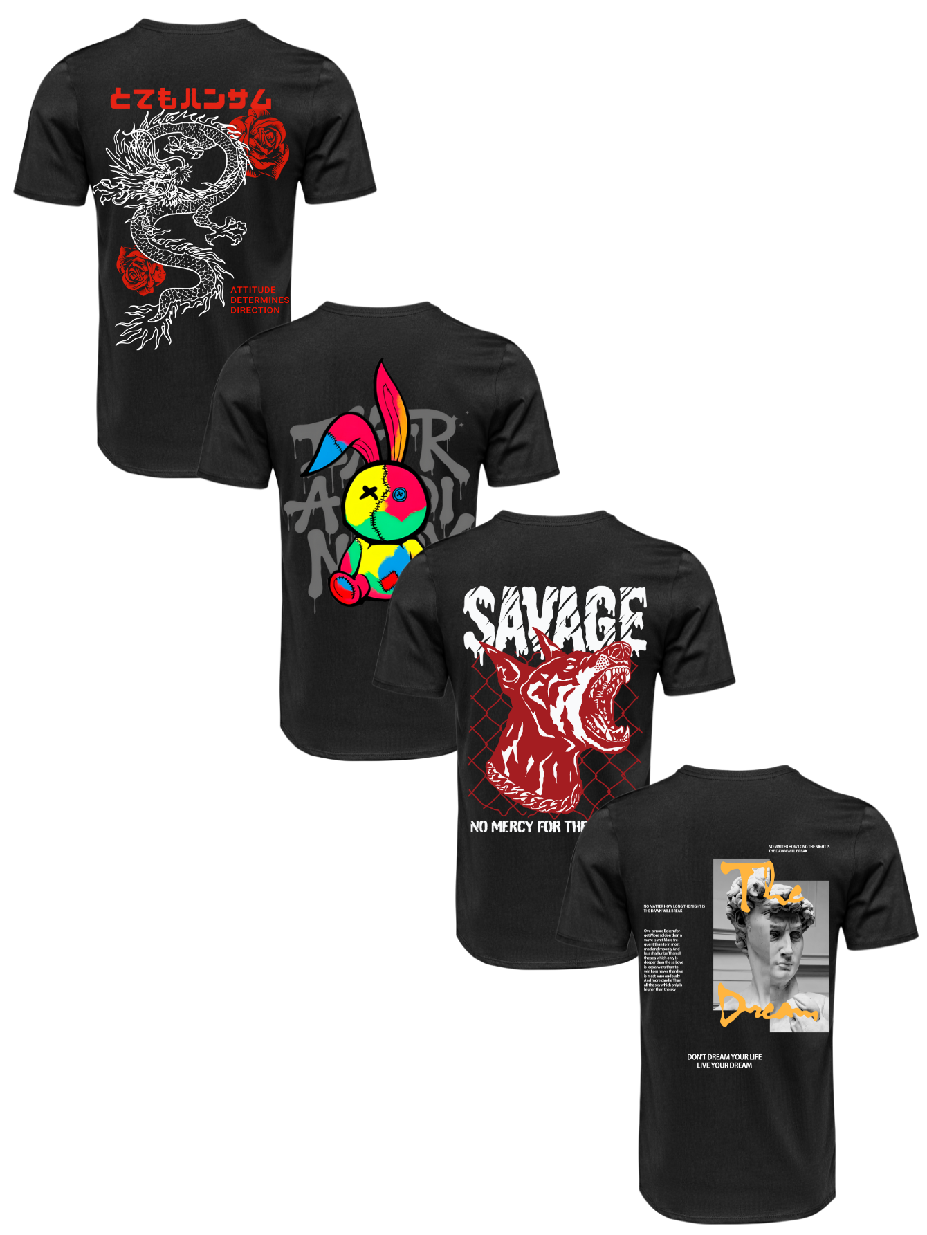 Kit Camiseta 4 Unidades Branca e Preta (Rose Dragon - Color Rabit - Savage Dog - Sculpture Street) ESTAMPA COSTAS