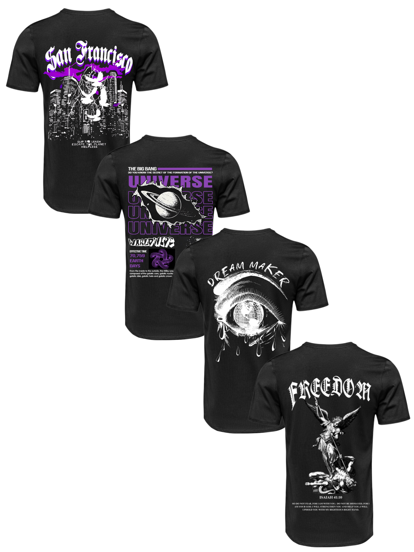 Kit Camiseta 4 Unidades Branca e Preta (San Francisco - Universe Down - Dream Maker - Freedom Angel) ESTAMPA COSTAS