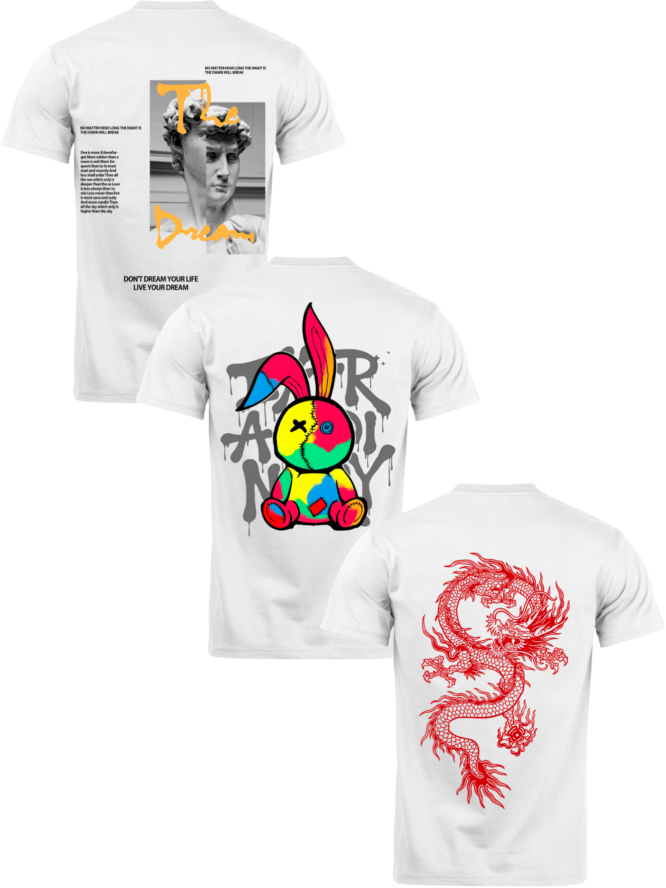 Kit Camiseta 3 Unidades (Sculpture Street - Color Rabit - Red Dragon) ESTAMPAS COSTAS