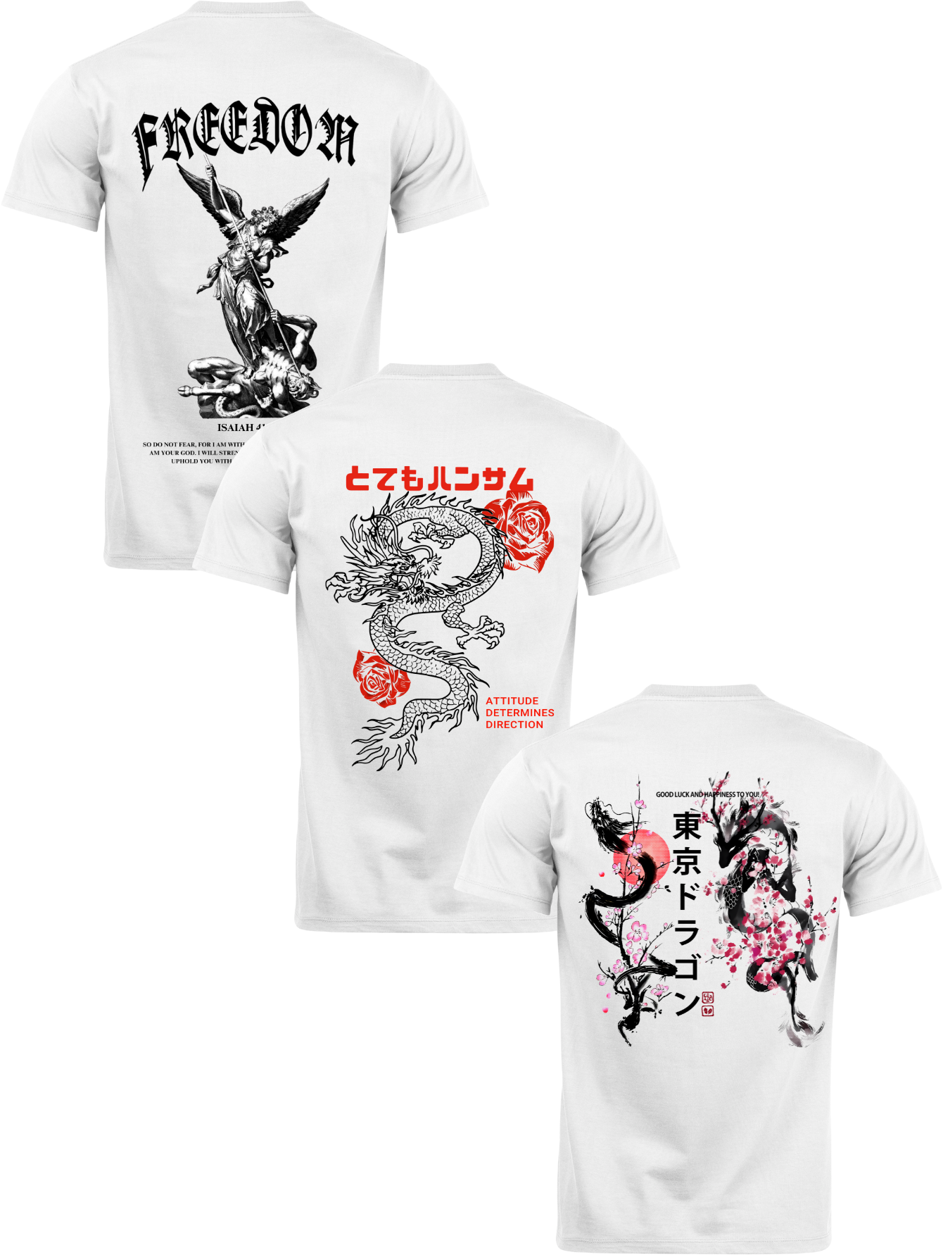 Kit Camiseta 3 Unidades (Freedom Angel - Rose Dragon - Orient Flower) ESTAMPAS COSTAS
