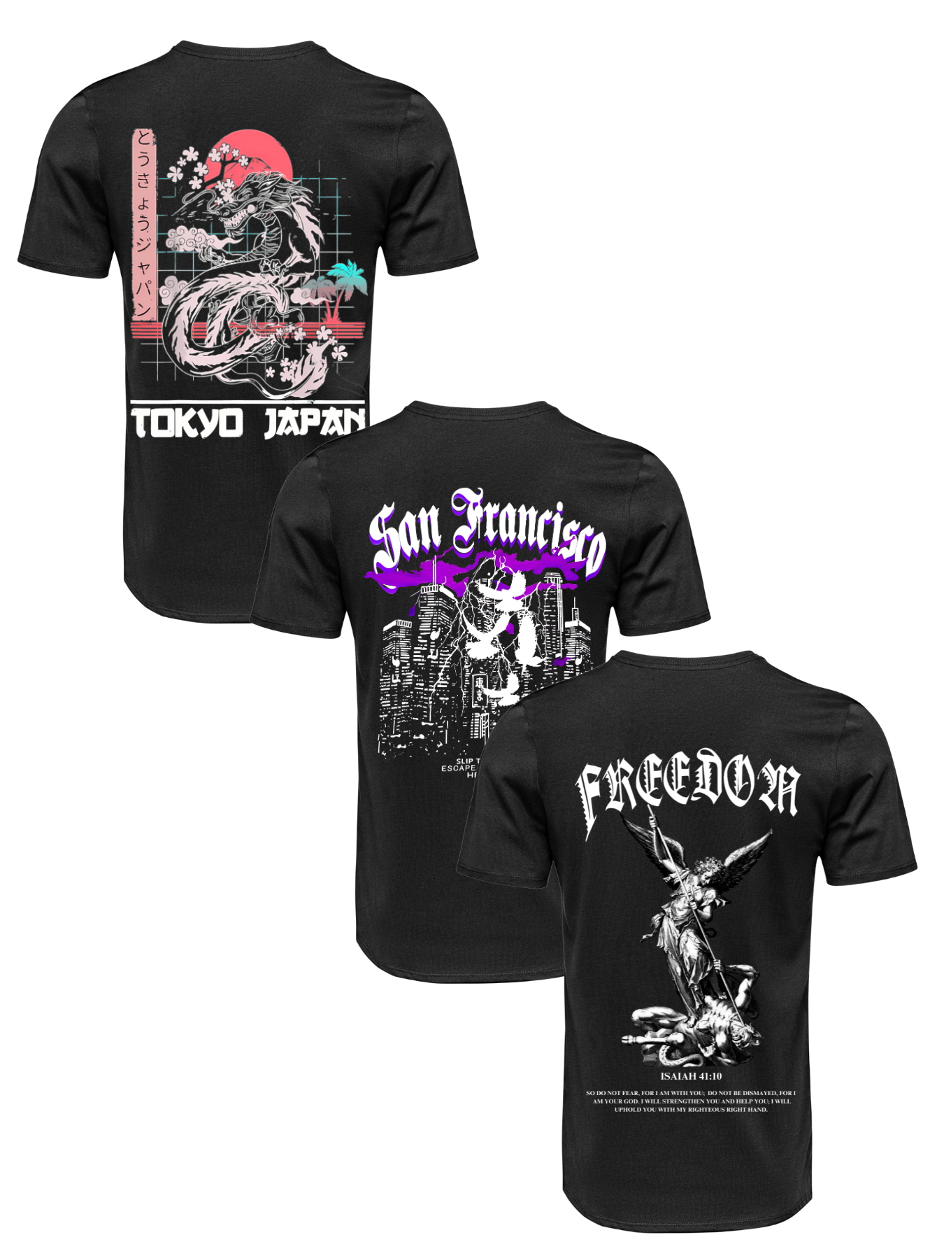 Kit Camiseta 3 Unidades (Tokyo Japan - San Francisco - Freedom Angel) ESTAMPAS COSTAS