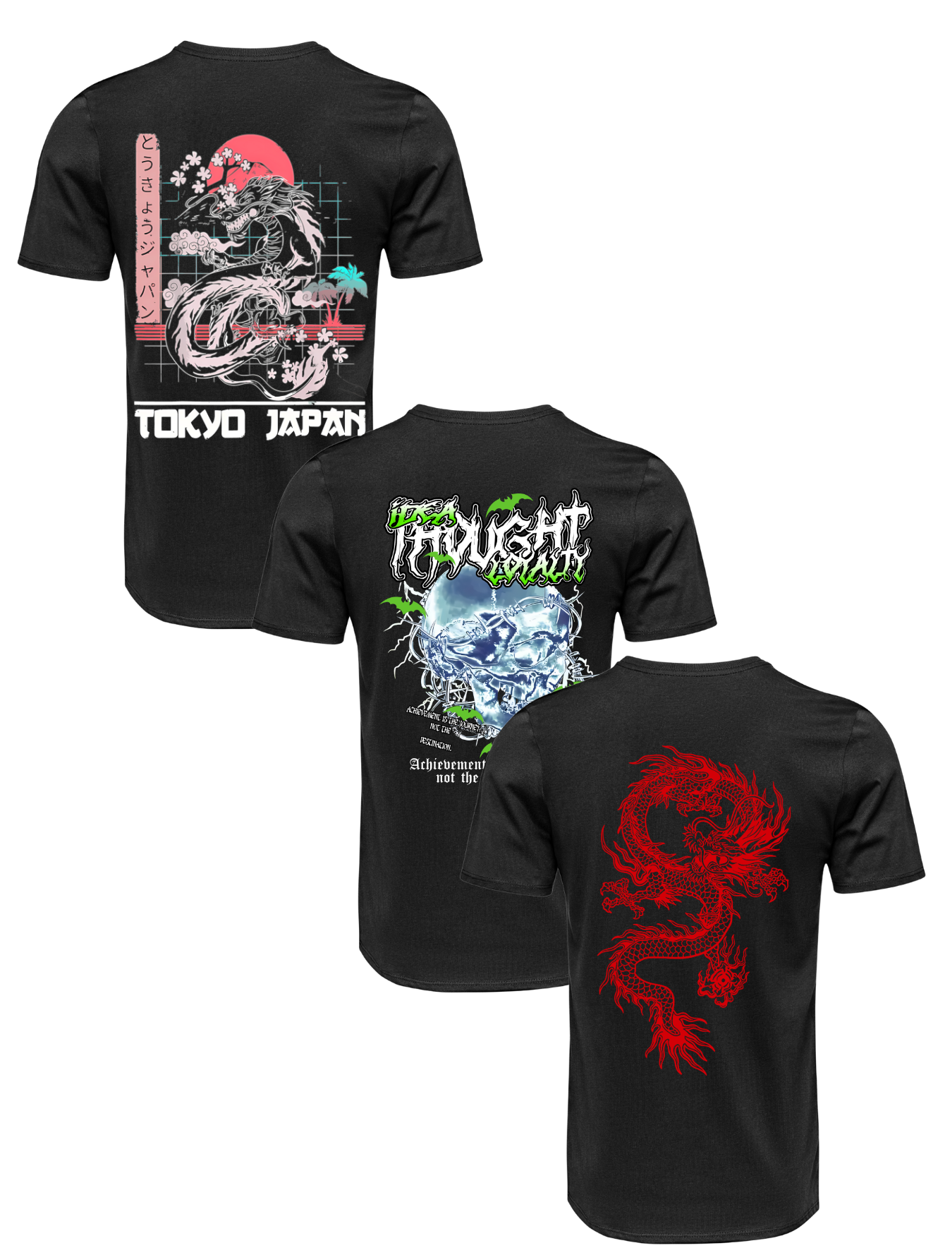 Kit Camiseta 3 Unidades (Tokyo Japan - Hyper Skull - Red Dragon) ESTAMPAS COSTAS