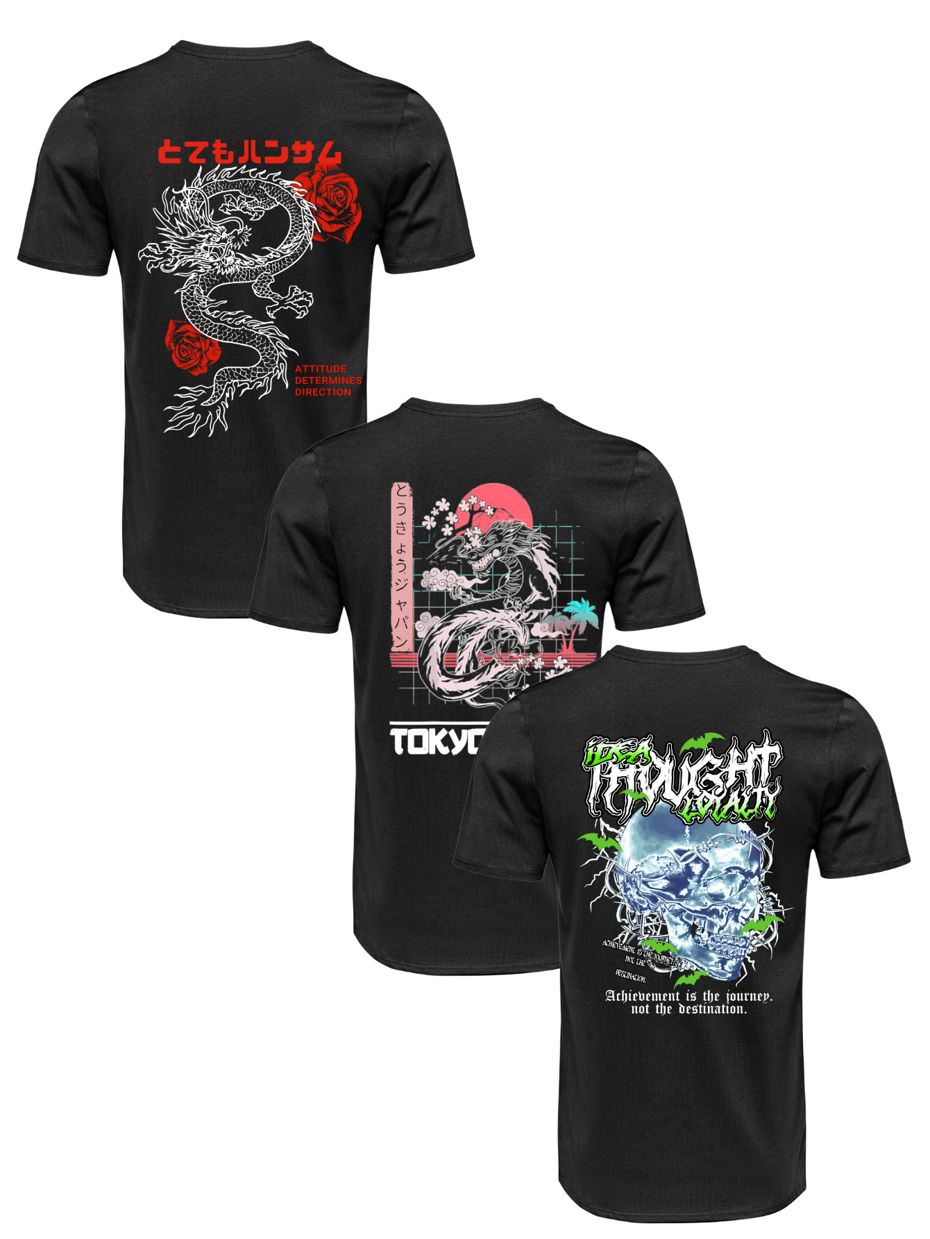 Kit Camiseta 3 Unidades (Rose Dragon - Tokyo Japan - Hyper Skull) ESTAMPAS COSTAS