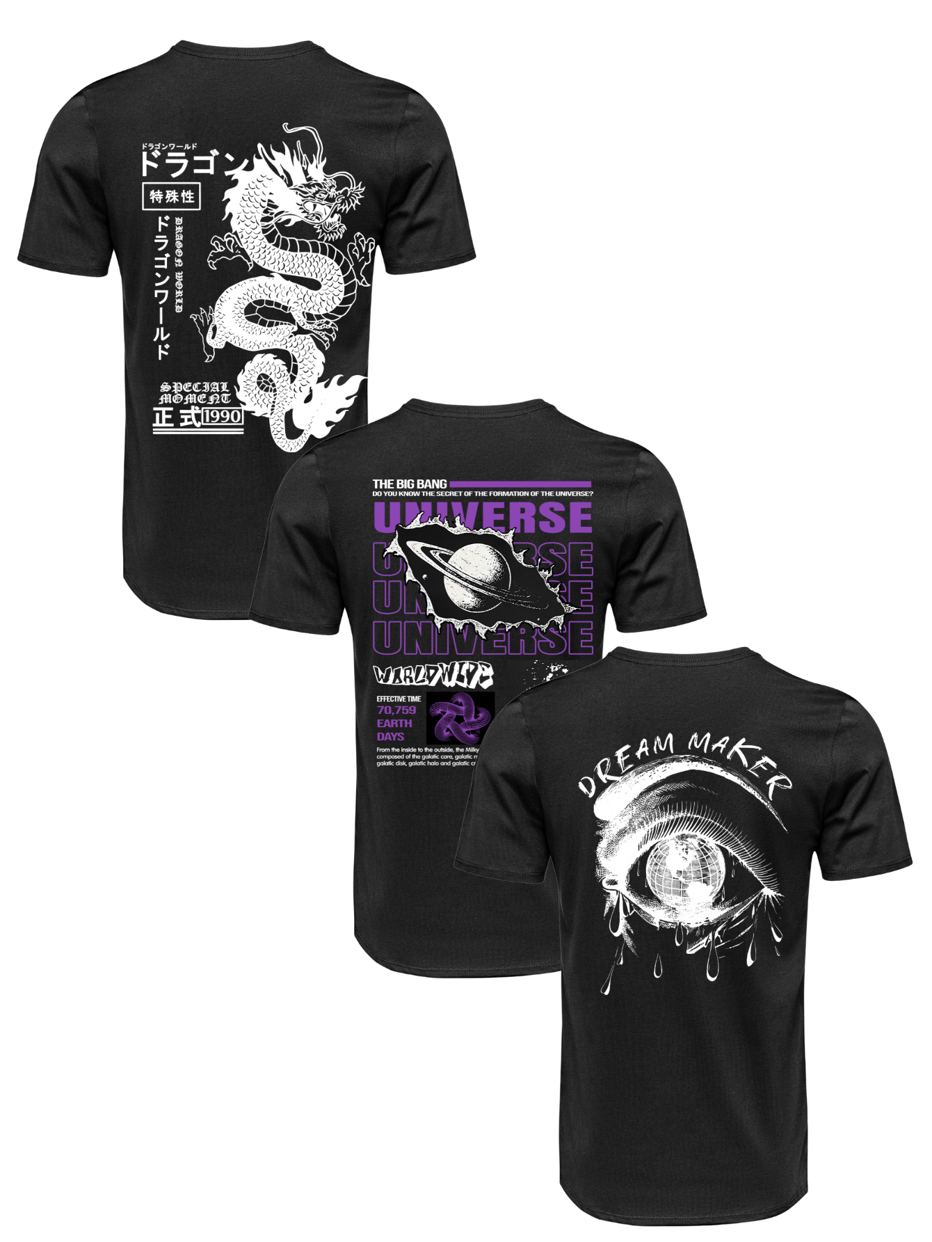 Kit Camiseta 3 Unidades (Dragon's Legacy - Universe Down - Dream Maker) ESTAMPAS COSTAS