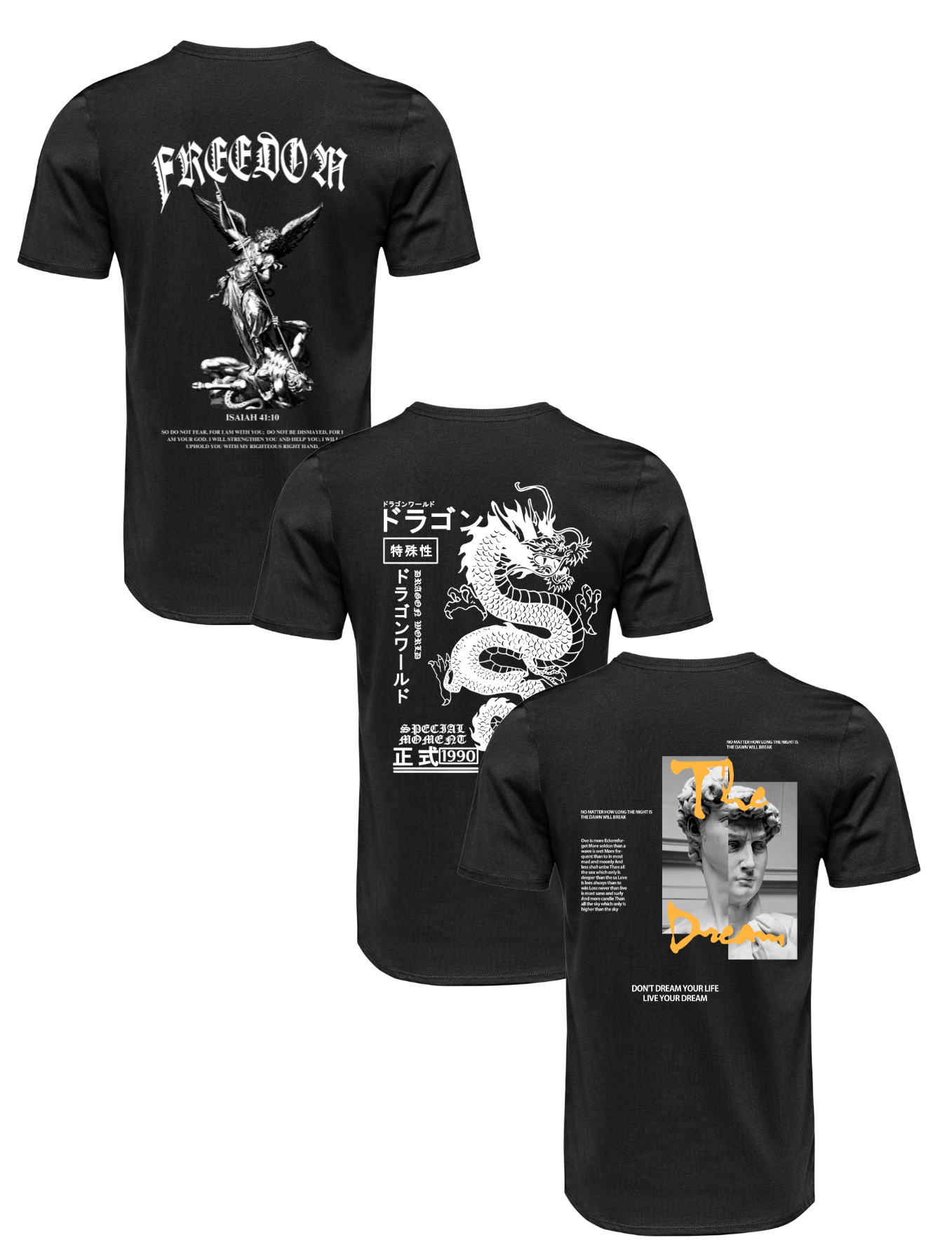 Kit Camiseta 3 Unidades (Freedom Angel - Dragon's Legacy - Sculpture Street) ESTAMPAS COSTAS