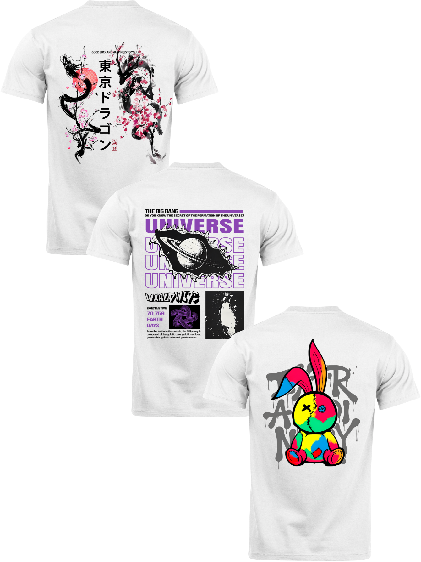 Kit Camiseta 3 Unidades (Orient Flower - Universe Down + Color Rabit) ESTAMPAS COSTAS